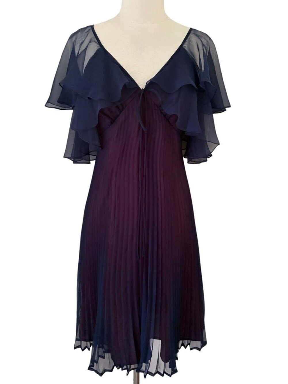 vtg 70s pleated Chiffon fairy cocktail dress navy blue fits M TAMARAS CALIFORNIA